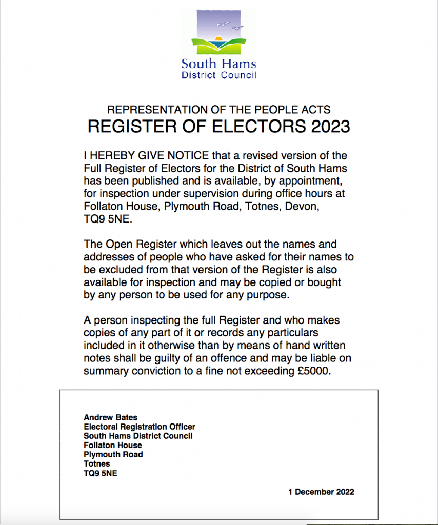 Notice of publication of Electoral Register 2023